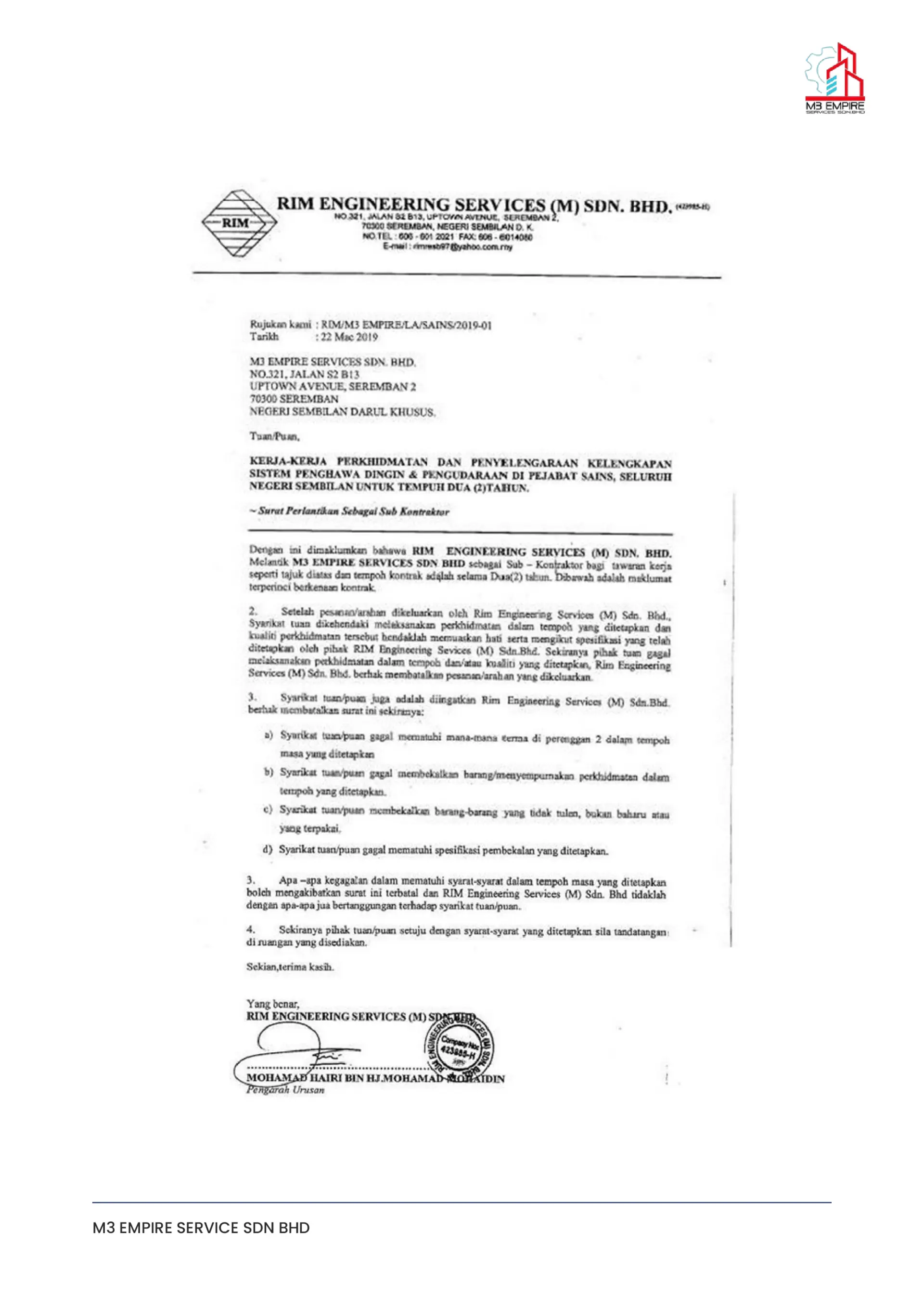 SAINS air-conditioning maintenance appointment — RIM Engineering Services (M) Sdn. Bhd.
