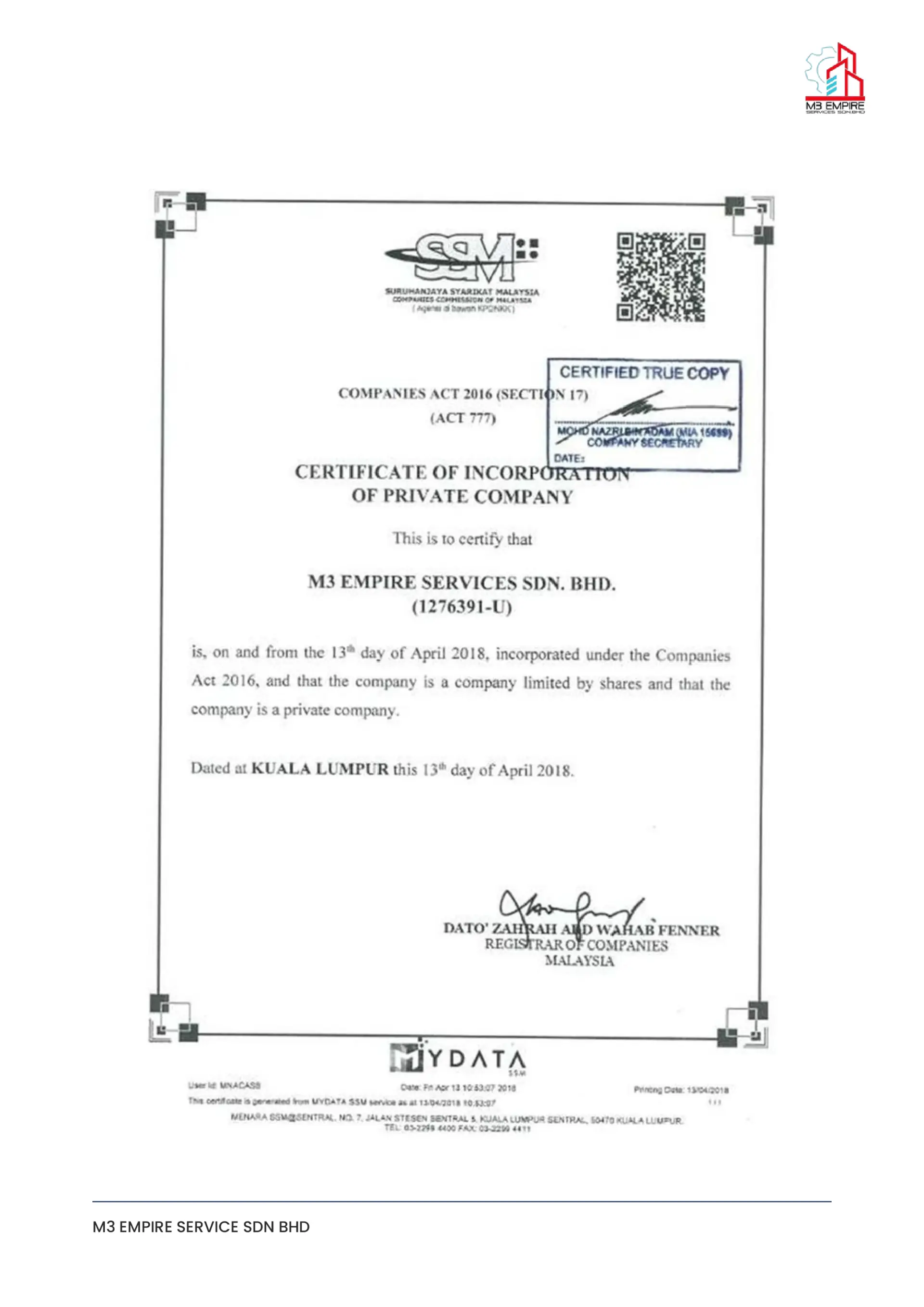 Certificate of incorporation — Suruhanjaya Syarikat Malaysia (SSM)